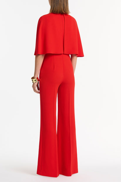 RED CREPE TUCK FRONT CAPE JUMPSUIT