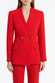 RED CREPE V-NECK DOUBLE BREASTED JACKET