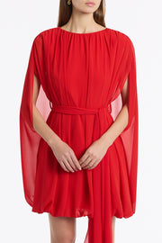 RED GEORGETTE GATHERED CAPELET DRESS
