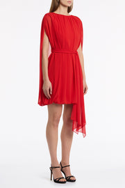 RED GEORGETTE GATHERED CAPELET DRESS