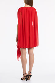 RED GEORGETTE GATHERED CAPELET DRESS