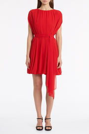 RED GEORGETTE GATHERED CAPELET DRESS