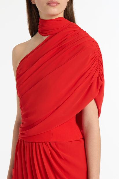 RED GEORGETTE ONE SHOULDER DRAPE TOP