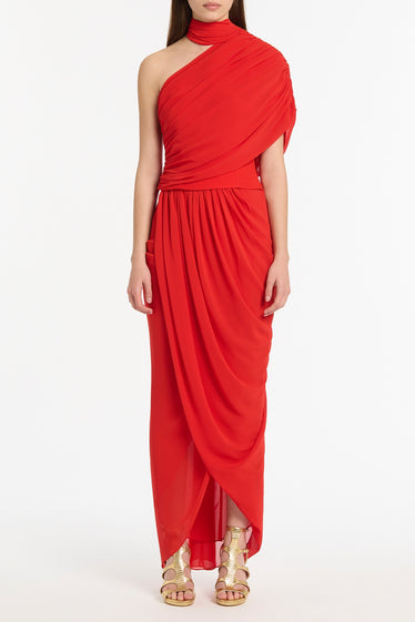 RED GEORGETTE ONE SHOULDER DRAPE TOP