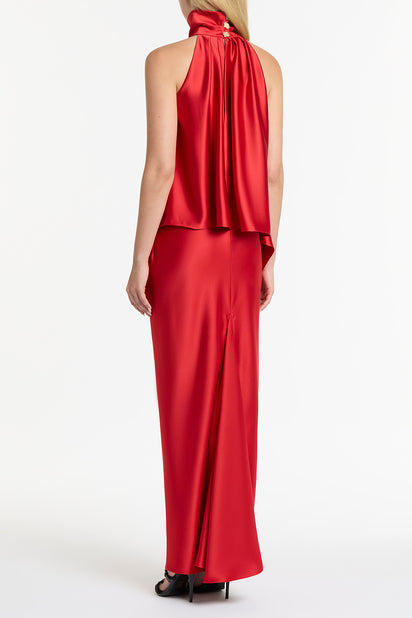 RED SATIN DRAPED HALTER TOP