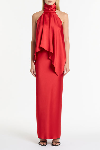 RED SATIN DRAPED HALTER TOP