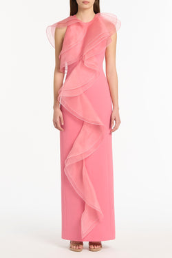 ROSE PINK CREPE RUFFLE FRONT GOWN