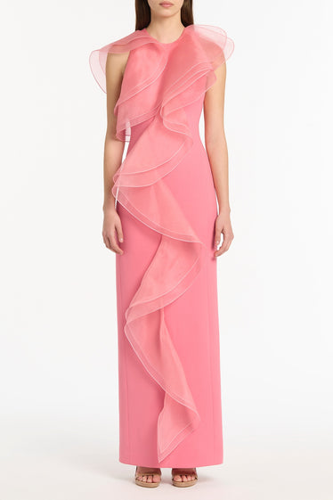 ROSE PINK CREPE RUFFLE FRONT GOWN