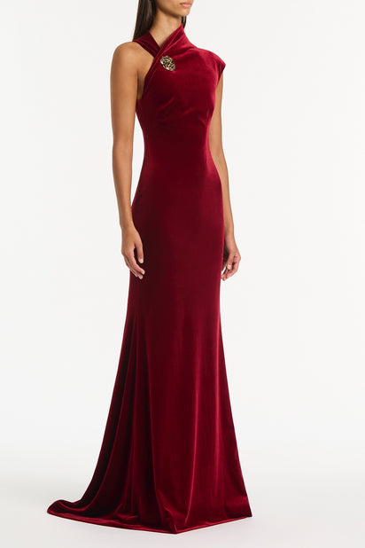 ROUGE VELVET BUTTON GOWN