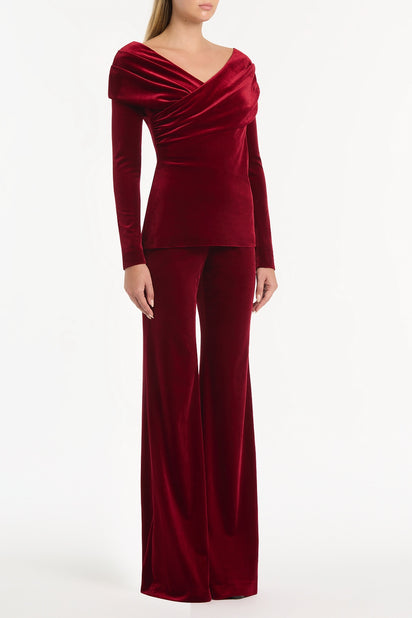 ROUGE VELVET DRAPED SHOULDER TOP