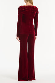 ROUGE VELVET DRAPED SHOULDER TOP