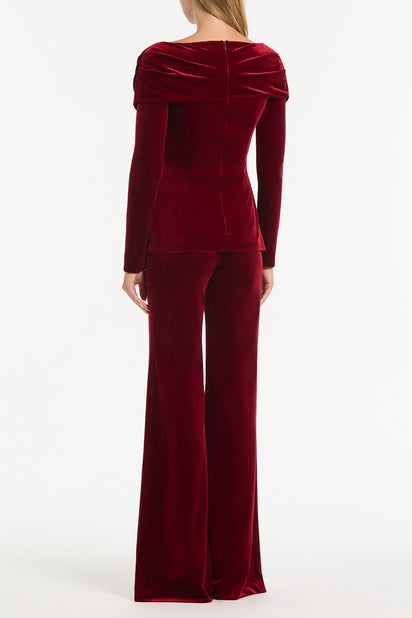 ROUGE VELVET DRAPED SHOULDER TOP