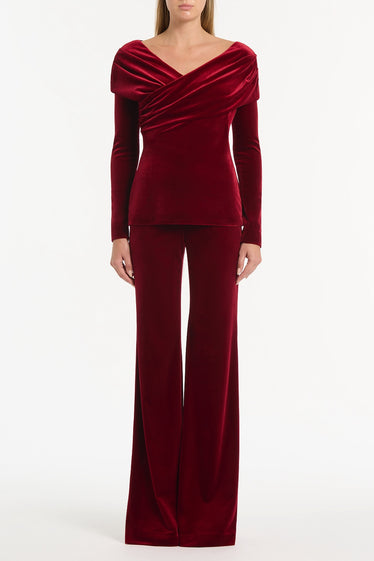 ROUGE VELVET DRAPED SHOULDER TOP