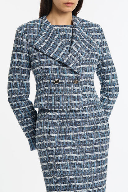 ROYAL METALLIC CHECK TWEED FRINGED CROPPED JACKET