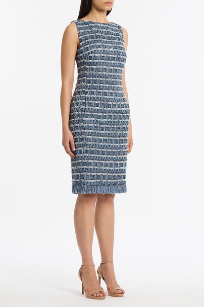 ROYAL METALLIC CHECK TWEED FRINGED SHEATH DRESS