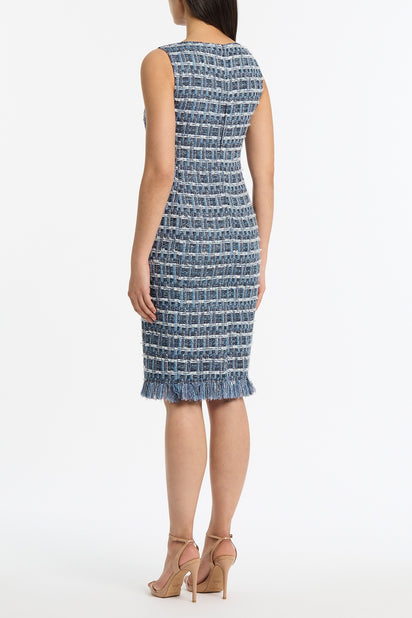 ROYAL METALLIC CHECK TWEED FRINGED SHEATH DRESS