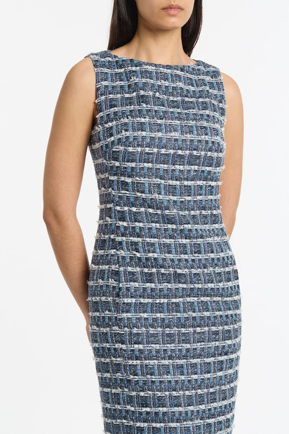 ROYAL METALLIC CHECK TWEED FRINGED SHEATH DRESS
