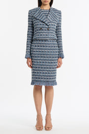 ROYAL METALLIC CHECK TWEED FRINGED SHEATH DRESS