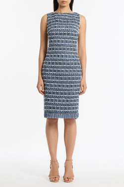 ROYAL METALLIC CHECK TWEED FRINGED SHEATH DRESS