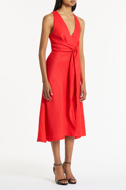 SCARLATTO LINEN V-NECK WRAP DRESS