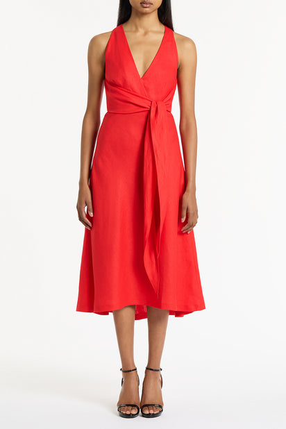SCARLATTO LINEN V-NECK WRAP DRESS