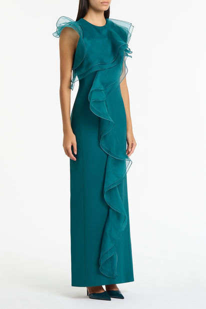 SERPENTINE CREPE RUFFLE FRONT GOWN