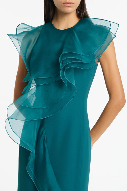 SERPENTINE CREPE RUFFLE FRONT GOWN