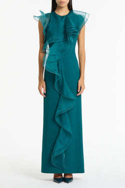 SERPENTINE CREPE RUFFLE FRONT GOWN