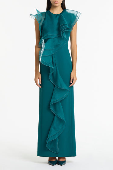 SERPENTINE CREPE RUFFLE FRONT GOWN