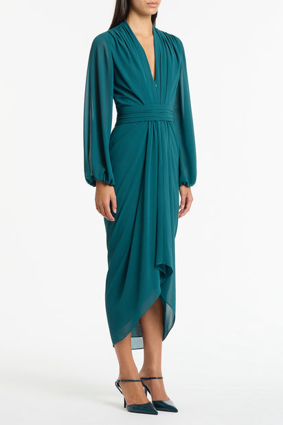 SERPENTINE GEORGETTE LONG SLEEVE WATERFALL DRESS
