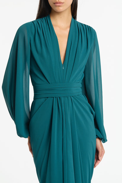 SERPENTINE GEORGETTE LONG SLEEVE WATERFALL DRESS