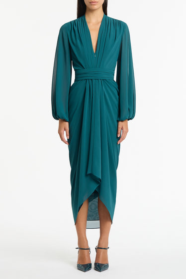 SERPENTINE GEORGETTE LONG SLEEVE WATERFALL DRESS