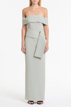 SILVER CREPE LA BANDA OFF SHOULDER GOWN