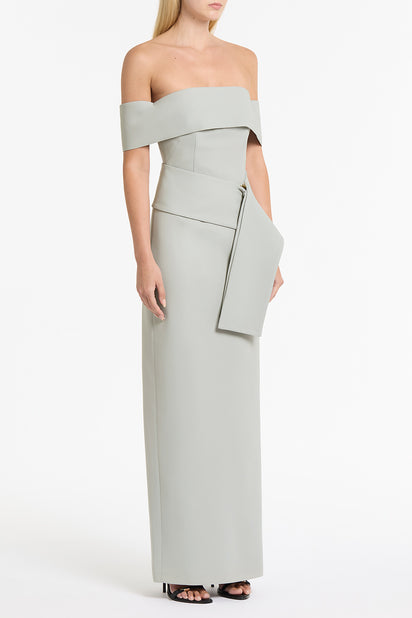 SILVER CREPE LA BANDA OFF SHOULDER GOWN