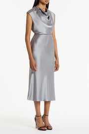 SILVER SATIN COWL NECK TOP