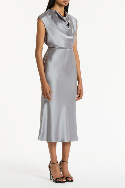 SILVER SATIN COWL NECK TOP