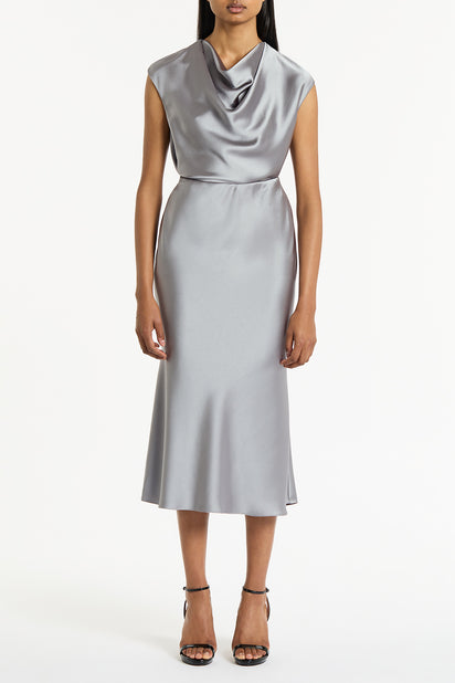 SILVER SATIN COWL NECK TOP