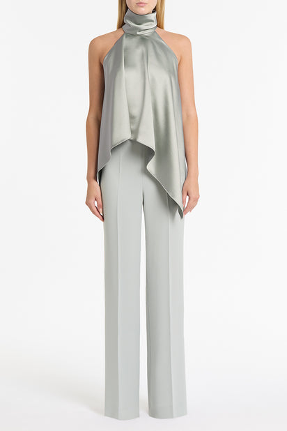 SILVER SATIN DRAPED HALTER TOP