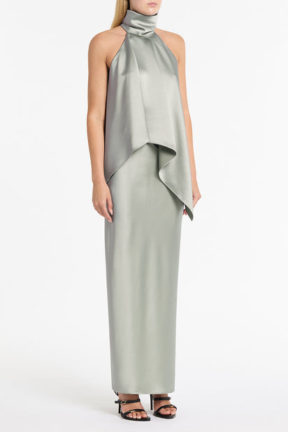 SILVER SATIN DRAPED HALTER TOP