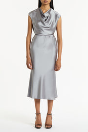 SILVER SATIN MIDI SKIRT