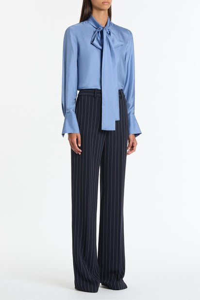 STEEL BLUE SILK RIBBON COLLAR SHIRT