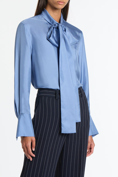 STEEL BLUE SILK RIBBON COLLAR SHIRT
