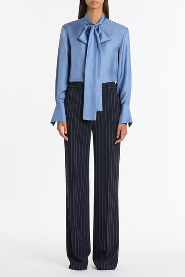 STEEL BLUE SILK RIBBON COLLAR SHIRT