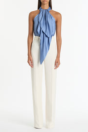 STEEL BLUE SILK TWILL RUFFLE HALTER TOP