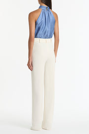 STEEL BLUE SILK TWILL RUFFLE HALTER TOP
