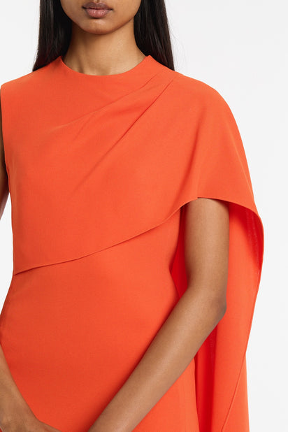 TANGERINE CREPE CASCADE DRESS