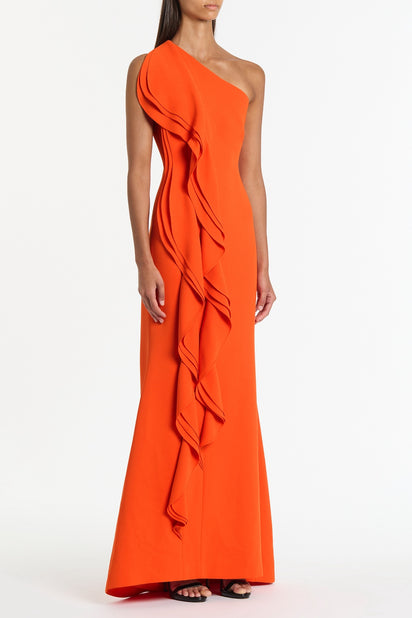 TANGERINE CREPE ONE SHOULDER PETAL GOWN
