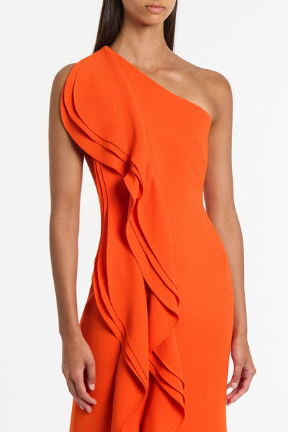 TANGERINE CREPE ONE SHOULDER PETAL GOWN