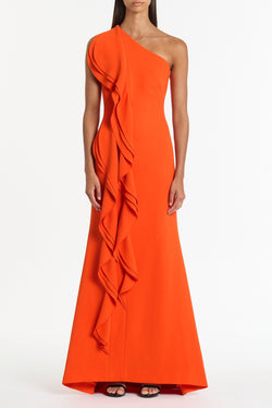 TANGERINE CREPE ONE SHOULDER PETAL GOWN