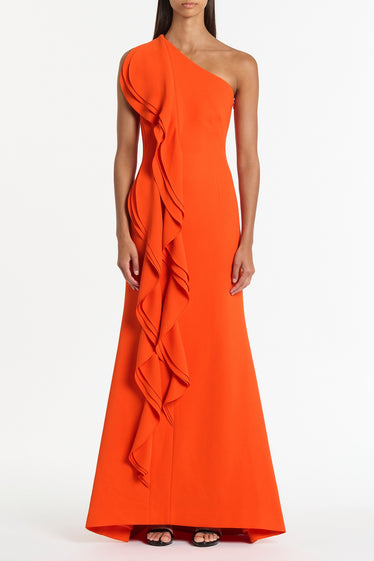 TANGERINE CREPE ONE SHOULDER PETAL GOWN